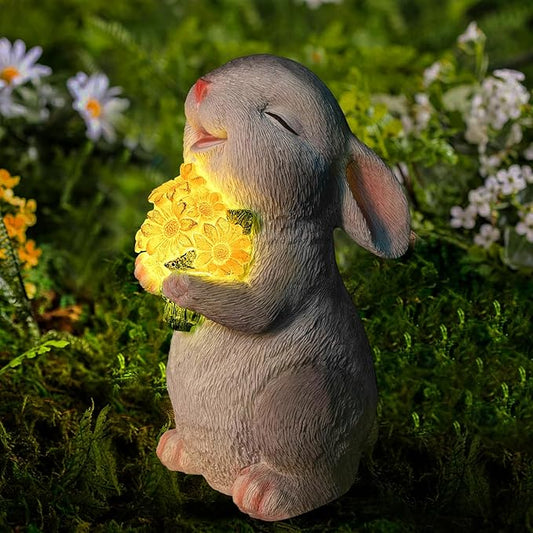 Solar Rabbit Garden Statues Outdoor Bunny Decor Resin Rabbit Figurine Holding Sunflower with LED Lights for Proch Patio Lawn Yard Mothers Day Gardening Gifts for Mom Grandma