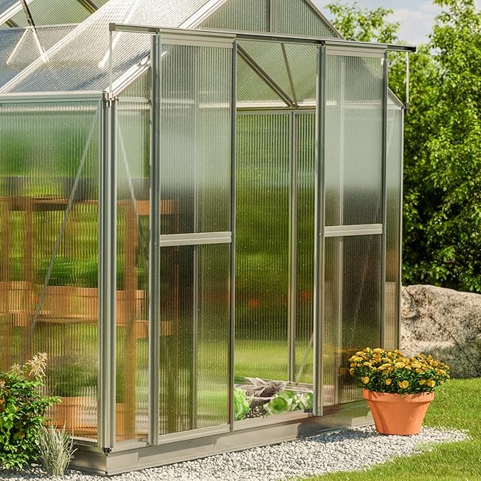 Greenhouse Saphir 4 Aluminum Frame 8.5 x 8.5 ft Approx. 8 mm Polycarbonate Panels - with Bonus Base Frame and Automatic Vent Opener