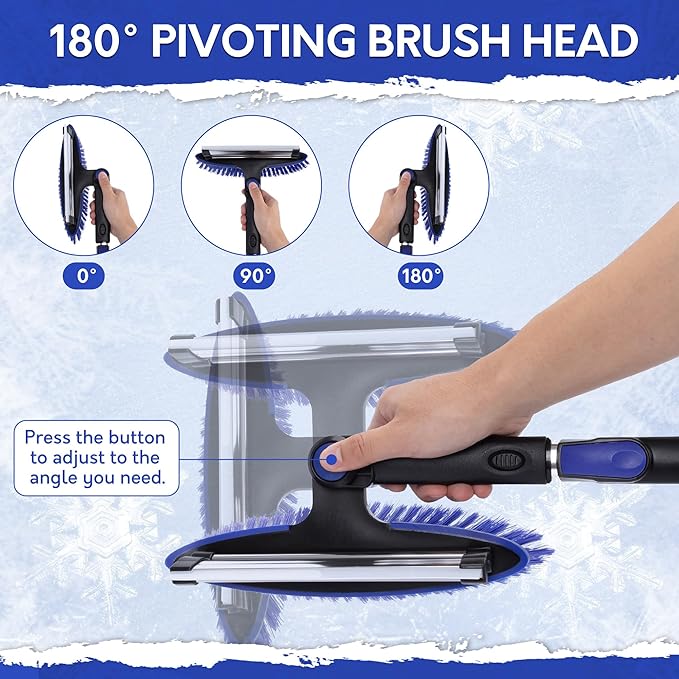 TONDA Snow Brush and Ice Scraper for Car Windshield, 180° Rotating Brush with Squeegee, Extendable Handle with Foam Grip, Snow Shovel for Cars, Trucks & SUVs, Blue