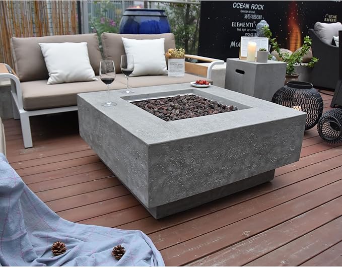 Elementi Manhattan Outdoor Gas Firepit Table 36 Inches Natural Gas Fire Pit Patio Heater Concrete High Floor Clearance Firepits Outside Electronic Ignition Backyard Fireplace Cover Lava Rock Included