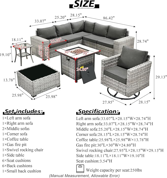 HOOOWOOO 9 Piece Modular Patio Outdoor Sectional Furniture Set with Gas Propane Fire Pit Table,Wicker Conversation Sofa Set with Swivel Chairs,Outside Couch Set(Black)