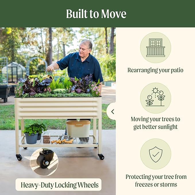 Rolling Elevated Raised Garden Bed-V Series, 2' x 4' Garden Beds with Legs & Storage Rack for Patio & Porch, 700 Lbs Weight Capacity, Outdoor Planter Box for Vegetables Flower Herbs, Pearl White