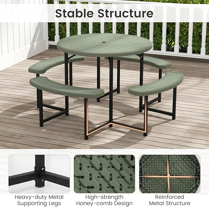 Tangkula 8 Person Picnic Table, HDPE Outdoor Round Table and Bench Set with 4 Built-in Benches, Umbrella Hole, Metal Frame for Garden Yard Patio Lawn