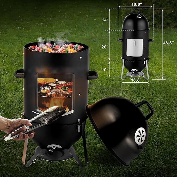 19 Inch BBQ Smoker Grill, 3-in-1 Vertical Charcoal Smoker, Heavy Duty Outdoor Bullet Smokers for Meat with Built-In Thermometer, Air Vent, And 2 Access Doors, Idea for Parties, Backyard, Barbecues
