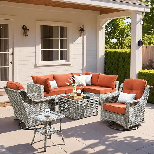 HOOOWOOO Outdoor Patio Furniture Set,8 Pieces Wicker Out Door Sectional Furniture L Shaped Couch,Patio Conversation Sets with Swivel Rocking Chair LED Table,Brick Red