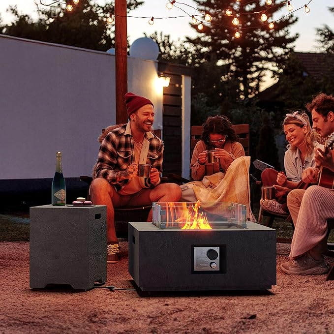 Cosiest Propane Fire Pit with Wind Guard&Tank Cover for Outside, 28 in Square Gas Fire Pits for Outdoor Patio, CSA Certified, 50000 BTU Concrete Rectangle Base with Rain Cover, Free Lava Rocks