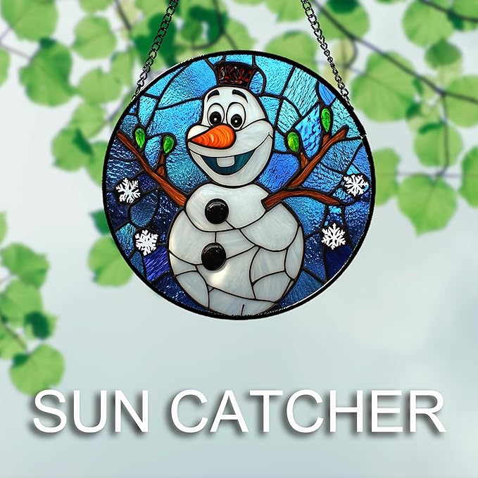 Stained Glass Window Hanging Christmas Funny Snowman 9.8" - Suncatcher Door Garden Blue White Snowflakes Sun Catcher New Year Birthday for Friend Mom Men Woman Nana