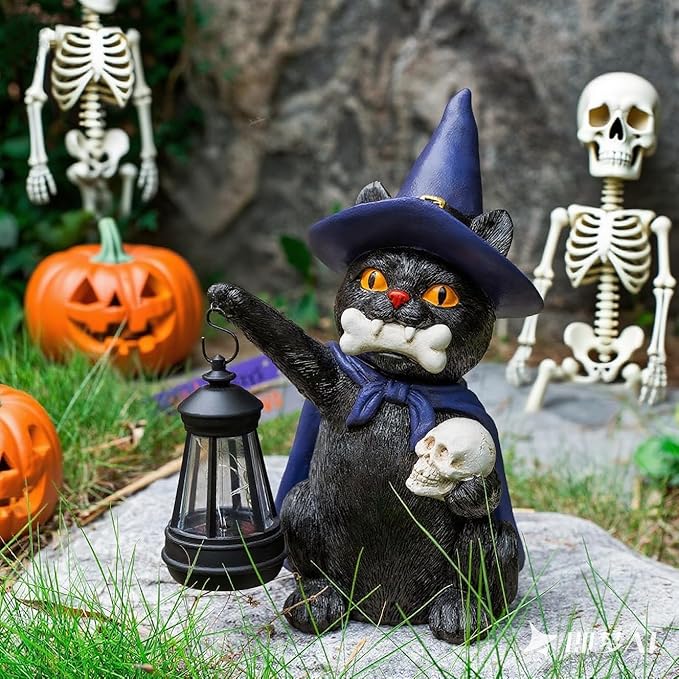 Halloween Black Cat Decor Spooky Solar Cat Garden Statues Holding Skull with LED Lantern Halloween Outdoor Decorations for Porch Patio Yard Lawn Holiday Gardening Gifts for Women