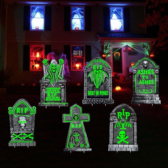 6Pcs Large Halloween Tombstones Decoration Yard Sign Glow in The Dark, 25"x16" Light Up Graveyard Decor for Outdoor Displays, Waterproof and Durable Cemetery Decorations for Grave, Spooky Yard Props