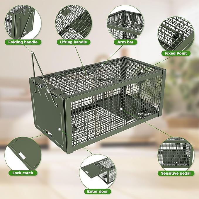 2 PCS Humane Mouse Rat Traps, Mice Chipmunk Squirrel Traps, and Other Live Animal Cage Catch and Release for Indoor and Outdoor-Green