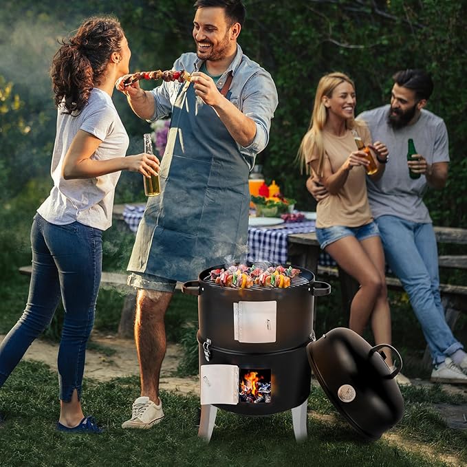 16.5 Inch BBQ Smoker Grill, 3-in-1 Vertical Charcoal Smoker, Portable Outdoor Meat Smokers with Built-In Thermometer, Air Vent, And 2 Access Doors, Idea for Parties, Backyard, Barbecues