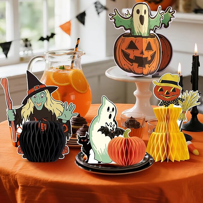 7PCS Halloweens Honeycomb Centerpieces, Halloween Party Decorations, Black Cat Ghost Table Centerpieces Spooky Theme Birthday Table Toppers for Home Mantel Tray Halloween Party Decor