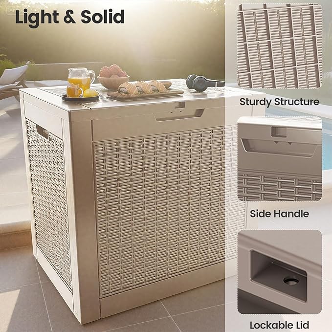 31 Gallon Outdoor Storage Box - Waterproof Resin Rattan Deck Box for Indoor & Outdoor Use - Lockable & Fade Resistant - Storage Bin for Package Delivery, Patio Cushions & Garden Tools, Brown