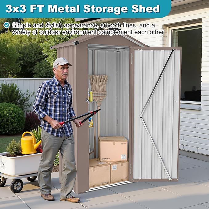 2.5x1.4 FT Outdoor Storage Shed, Metal Tool Shed with Lockable Doors & Peaked Roof, Galvanized Steel Garden Shed for Backyard Garden Patio Lawn, Brown