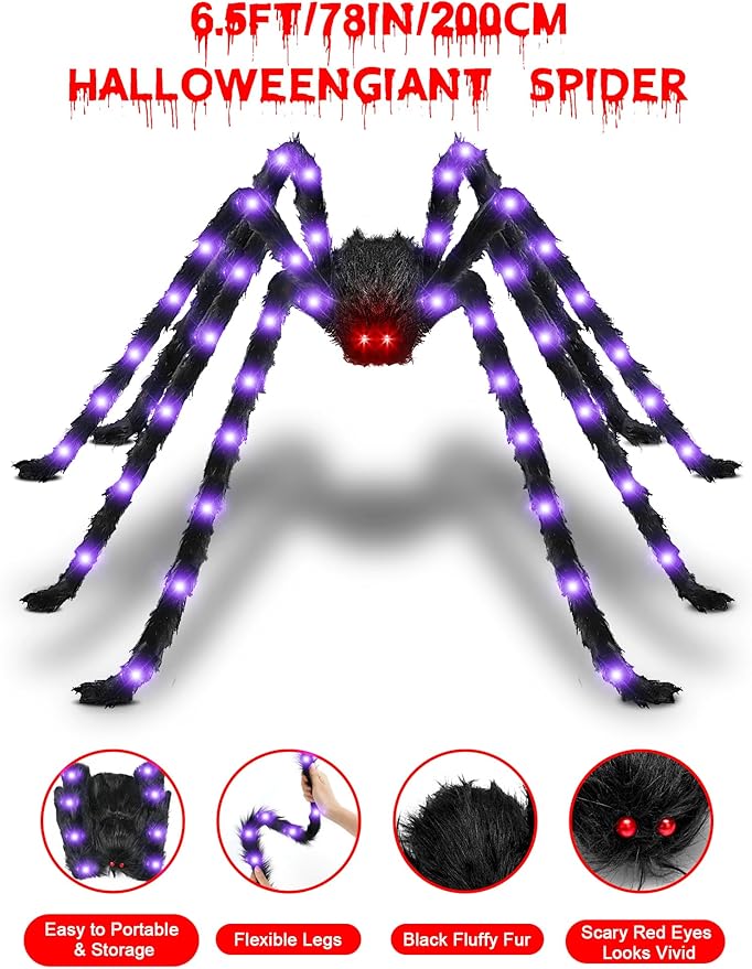 Halloween Decorations Outside Giant Spider：Acina Outdoor Decor Lighted Spider 6.6FT, Light Up with 90 LED for Yard Porch Gardens Lawns Party (6.5FT/78IN/200CM Halloween Giant Spider)