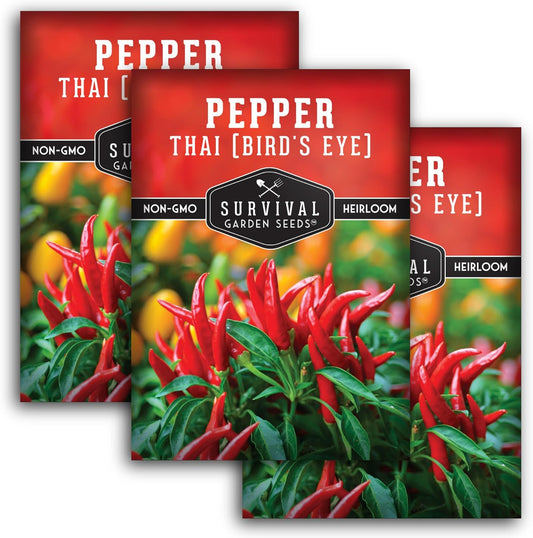 Thai Chili Pepper Seeds for Planting | Heirloom Bird’s Eye Hot Variety – Non-GMO Seeds for Spicy Cooking & Containers – Survival Garden Seeds (3 Packs)