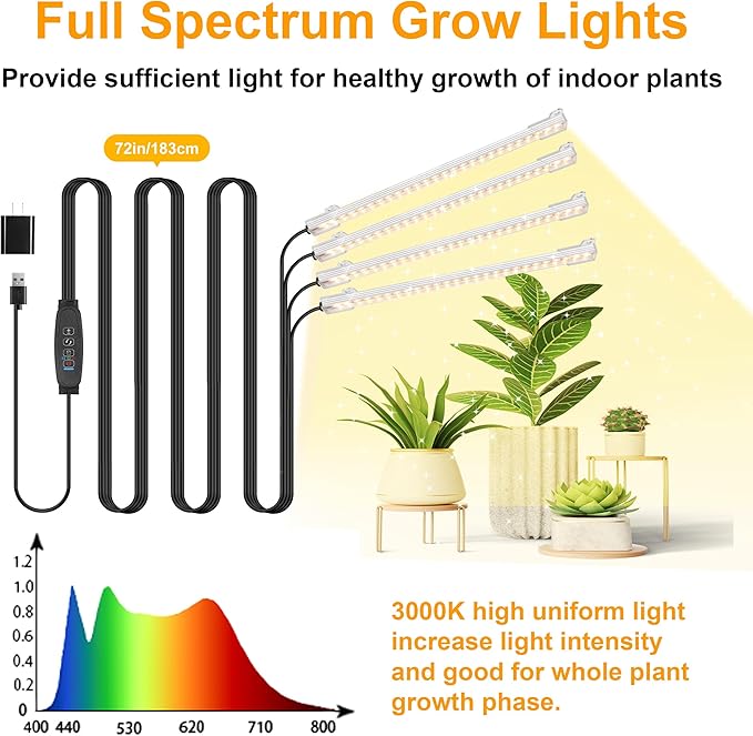 8.6 Inches LED Plant Growing Light Strips, Full Spectrum 3000K Grow Light for Indoor Plants with 3/9/12H Timer, 10 Dimmable Levels for Seedling Succulent and Plant Shelf (4 Head×2pcs)