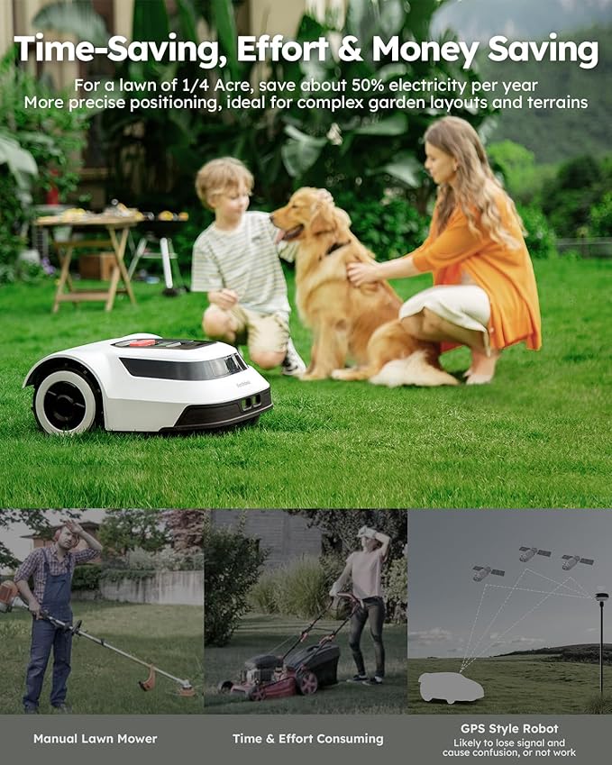 Robot Lawn Mower with Boundary Wire - for 1/4 Acre 300% Higher Efficiency of Grid-Shaped Mowing Path, Automatic Robotic Lawn Cutter Mowers with Auto Mapping & Recharge, IPX6 Waterproof