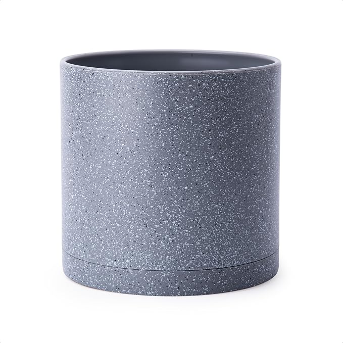 D'vine Dev 10 Inch Plastic Planter Pots for Plant Pot with Drainage Hole and Seamless Saucers, Speckled Gray Color, 74-X-G-2