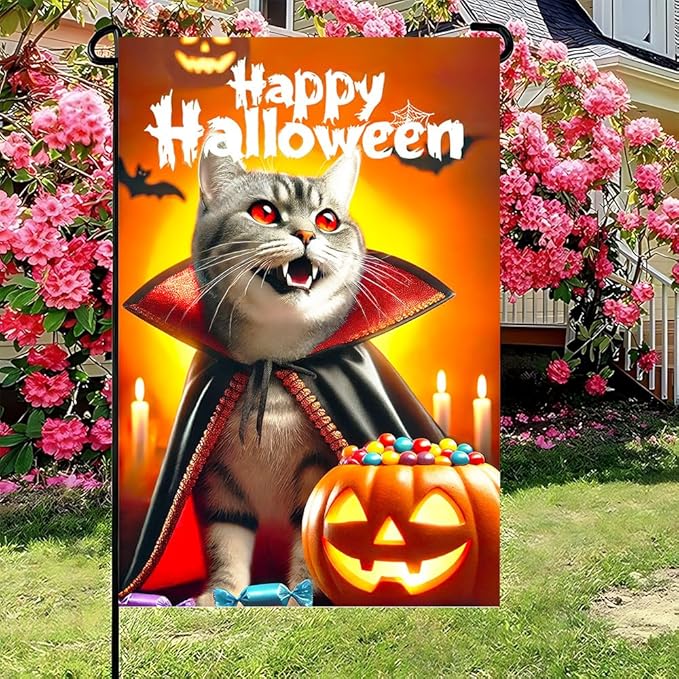 Halloween Garden Flag 11.81 x 17.72 Inch Gray Cat in Vampire Cape with Fangs Pumpkin Candy Bats and Happy Halloween Outdoor Yard Decoration for Holiday Party