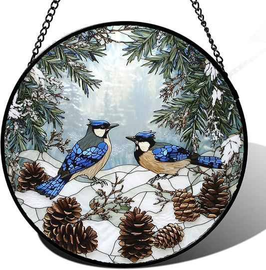Stained Glass Window Hanging - Blue Bird Winter Forest Landscape Suncatcher for Door Garden Yard Sun Catchers Decor Christmas Mother's Day Birthday Gifts for Women Mom Nana Friend 9.8 in