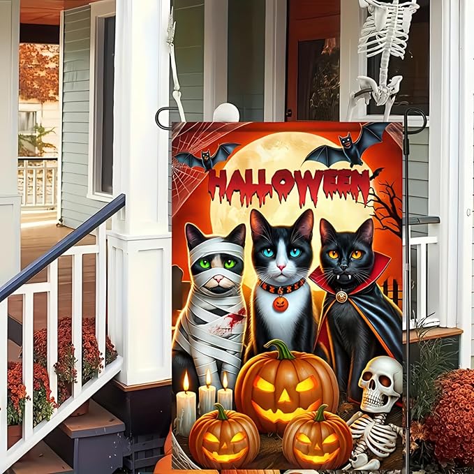 Halloween Cat Garden Flag 12x18 Vertical Double Sided Happy Halloween Pumpkin Holiday Outside Decorations Yard Flag