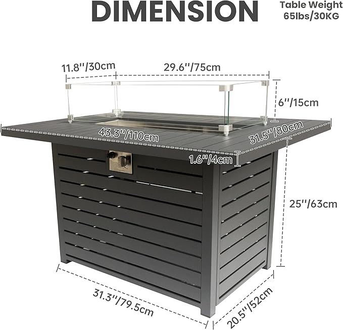 Rectangle Propane Fire Pit Table: 43'' Patio Gas Fire Table 50000 BTU - Rustproof Aluminum Tabletop Firepit Wind Guard Glass Beads - Outdoor Heating for Dining Party Garden Deck - Dark Gray