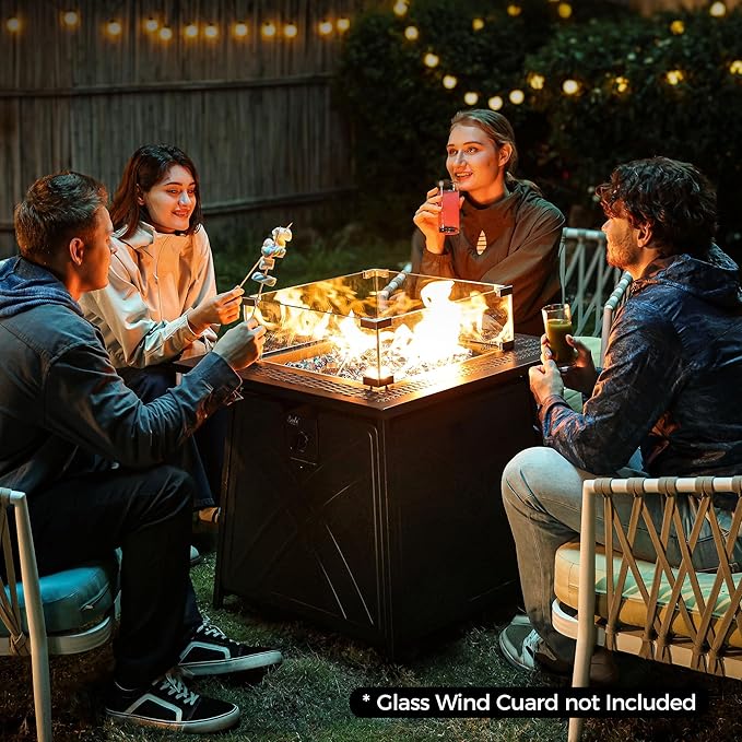 BALI OUTDOORS Gas FirePit Table, 28 inch 50,000 BTU Square Outdoor Propane Fire Pit Table with Lid and Blue Fire Glass