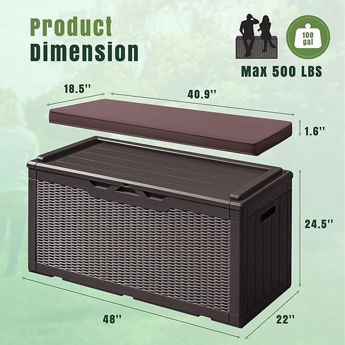 Greesum 100 Gallon Resin Deck Box Large Outdoor Storage with Cushions for Patio Furniture, Garden Tools, Pool Supplies, Weatherproof and UV Resistant, Lockable, Dark Brown