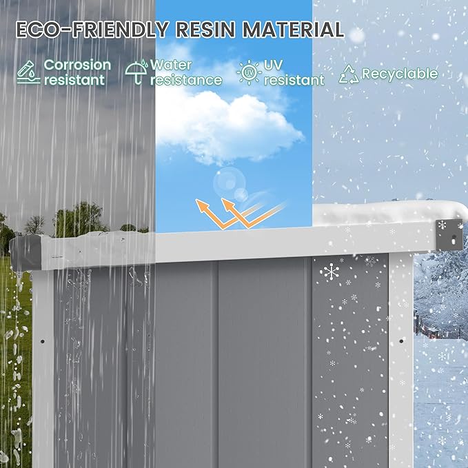 UDPATIO 4.3x5.6ft Resin Outdoor Storage Shed, Vertical Tool Shed with Shelving Brackets for Patio Pool Lawn Garden, Grey White