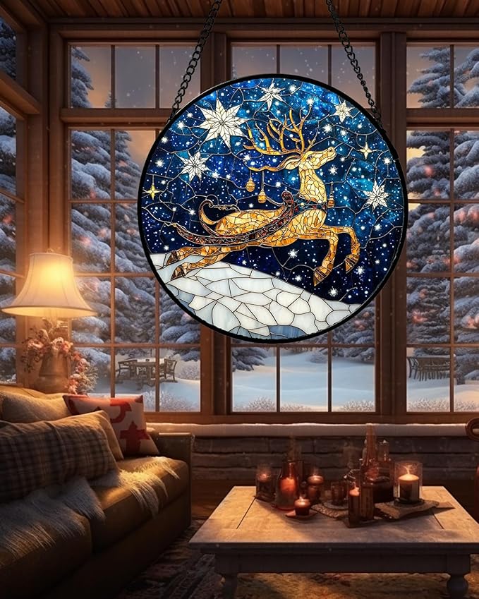 Stained Glass Window Hanging - Reindeer Blue Starry Sky Suncatcher for Doors Home Christmas Decoration Winter Sun Catcher Thanksgiving New Year Birthday Gifts for Women Men Mom Nana 7.8 in
