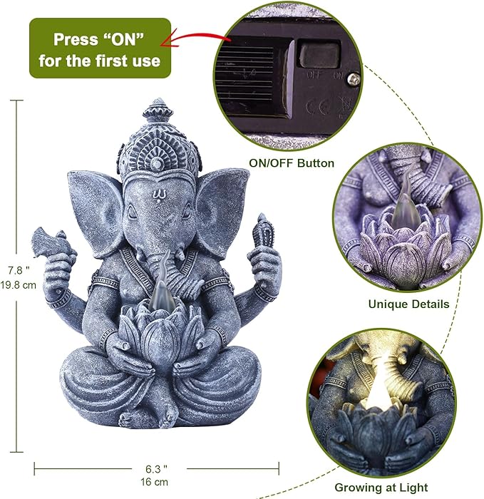 Ganesha Elephant Garden Statues: Outdoor Sculptures with Lotus Lights Decor for Patio Lawn Yard Art - Gifts for Mom Grandma