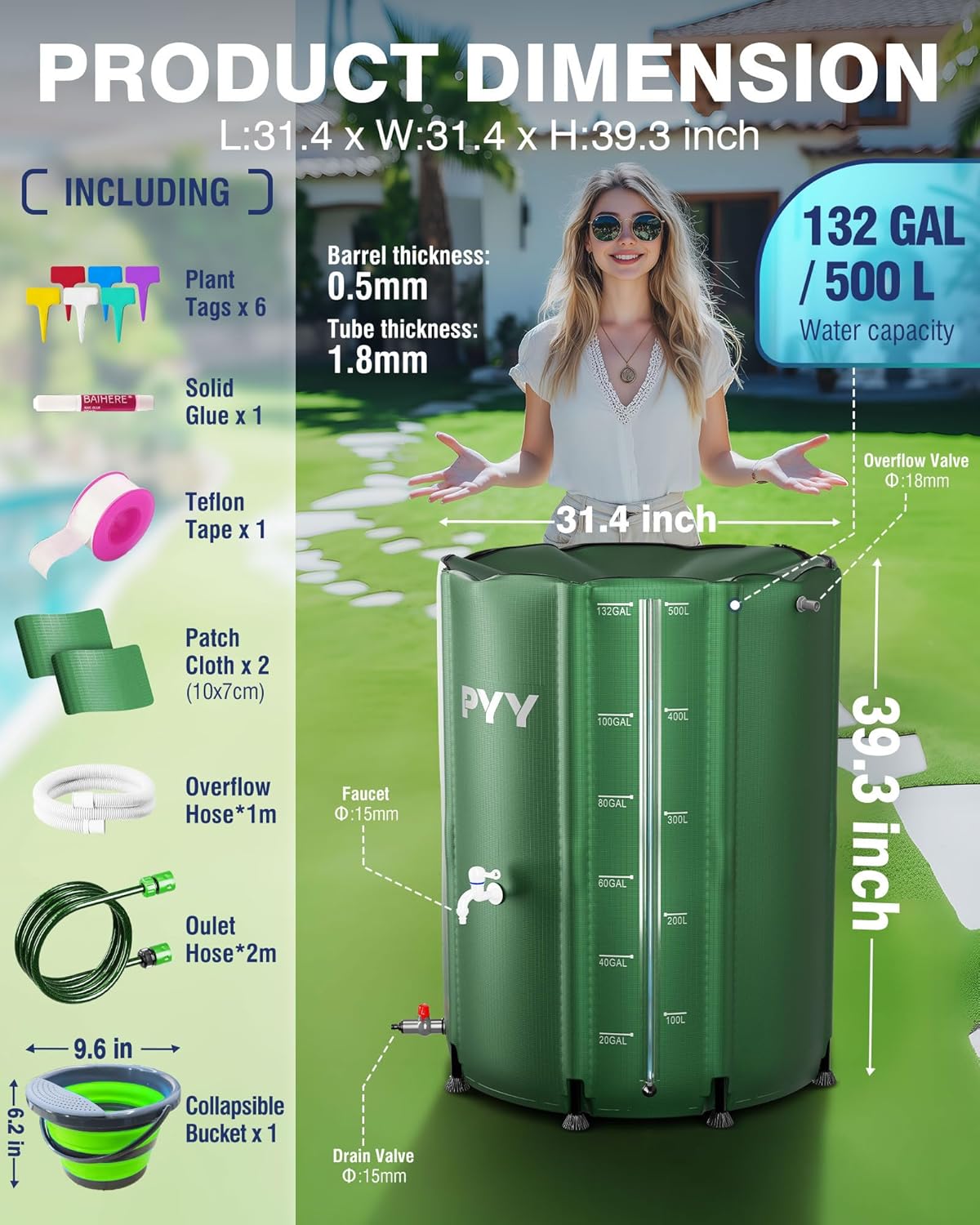 PYY Rain Water Collection Barrel - 132 Gallon Green Water Storage Tank with Spigots, Hose and Portable Bucket, Large Plastic Collapsible Rain Catcher Catchment System to Collect Rainwater from Gutter