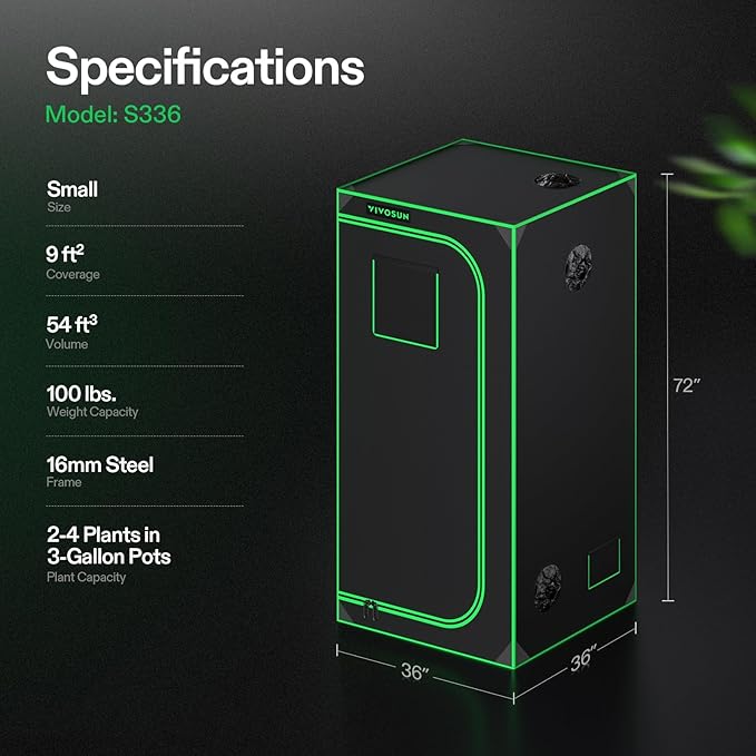 VIVOSUN S336 3x3 Grow Tent, 36"x36"x72" High Reflective Mylar with Observation Window and Floor Tray for Hydroponics Indoor Plant for VS2000/VS3000