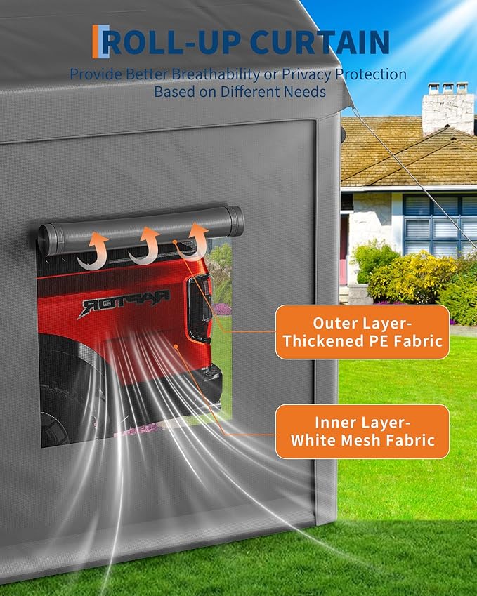 10 x 20FT Heavy Duty Carport with Roll-Up Windows, Portable Garage with Removable Sidewalls & Doors, Portable Car Tent Garage with Roll-Up Windows and All-Season Tarp, for Car, Truck,