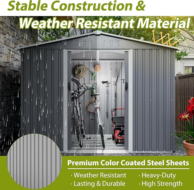 8X6 FT Outdoor Storage Shed with Roof,Waterproof House Tool Cabinet W/Metal Foundation & Lockable Doors,for Shovels,Umbrellas,Antennas,Escalators,Gray