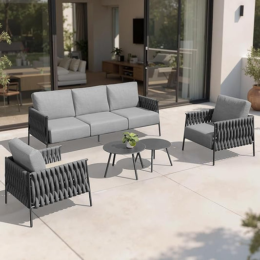 EAST OAK Life Chatter 4 Pieces Patio Furniture Set, Outdoor Furniture with Coffee Table, Patio Conversation Set Deep Seating with Thick Cushion, Backyard Porch Balcony, Chestnut Brown & Creamy Apricot