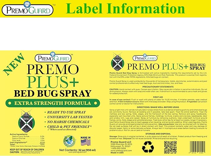 Premo Plus+ Bed Bug Spray Extra Strength – 32 oz – Fast Acting Bed Bug Treatment & Killer – Stain & Scent Free – Child & Pet Safe – Powerful New Stronger Formula – Natural with No Harmful Chemicals