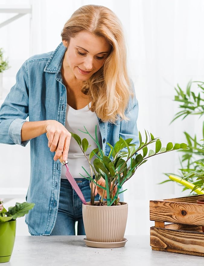 NiHome 28" Plant Support Stakes Set of 6 for Indoor & Outdoor Garden, Durable UV-Resistant Stakes with 12 Orchid Clips, 12 Circular Clips & 6 Ft Plant Tie for Climbing Plants, Vines & Shrubs (Green)