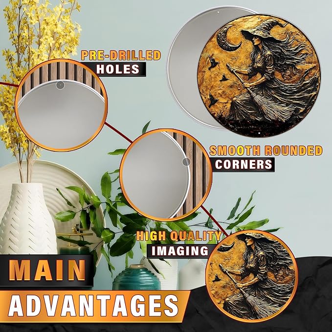 PEACHGARDEN Round 2D Halloween Witch Broom Vintage Sign Halloween Witch Metal Tin Sign for Home Bar Kitchen Hotel Dining Room Coffee 8x8inch