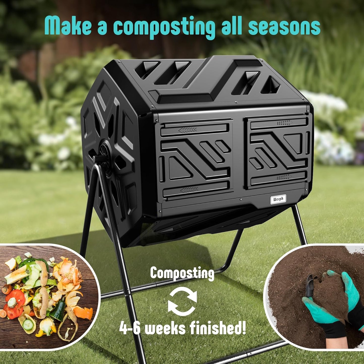 Compost Bin Outdoor Composter, Fast Assembly 43 Gallon Dual Chamber Outdoor Compost Tumbler, Heavy Duty Tumbling Rotating Composter for Patio, Garden,Yard, Black, Easy Setup, Gloves Included