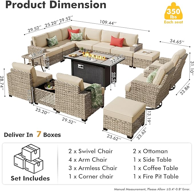 HOOOWOOO Outdoor Sectional Patio Furniture Set with Fire Pit Table,15 Pieces Wicker Conversation Sets L Shaped Couch,Extra Deep Out Door Sofa Outside Furniture with Swivel Chair Ottoman,Beige