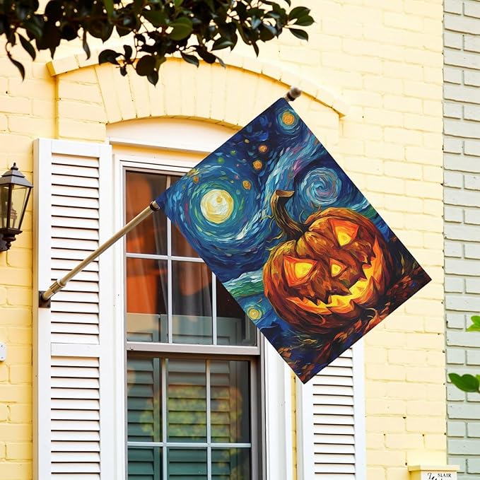 Halloween Garden Flag Pumpkin House Banner Van Gogh Garden Flags Arts Starry Night Sky Moon Yard Flags Double Sided Fall Porch Patio Farmhouse Outdoor Yard Window Decorative 28 x 40 Inch