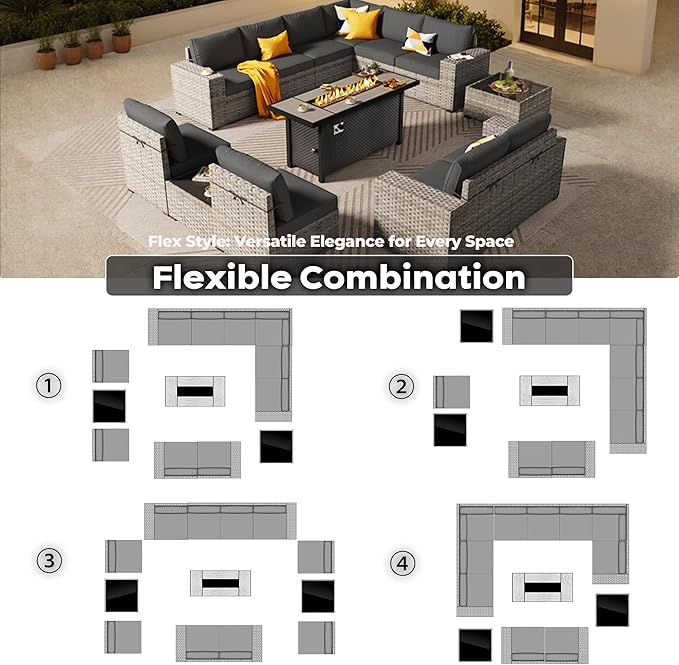 ovios 13 Pieces Patio Furniture Set, Outdoor Wicker Sectional Sofa with 54 Inch Fire Pit Table Comfy Cushions, Modern Modular Deep Seat Rattan Couch Conversation Set, Black