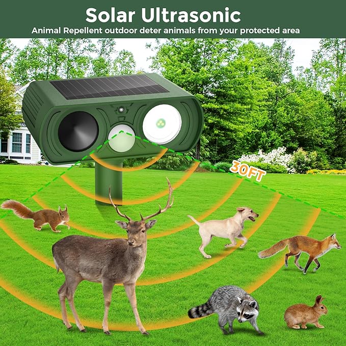 2PACK Solar Ultrasonic Animal Repellent Outdoor, Deer Repellent Devices Squirrel Cat Raccoon Rabbit Dog Deterrent, Keep Rodent Away Motion Detection with Flash Light for Yard Garden Lawn