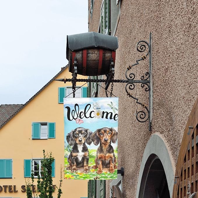 Cute Dachshund Dog Puppy Lovers Spring Flowers Florals Garden Flag Welcome Party Outdoor Outside Decorations Picks Home House Garden Yard Decor 12x18 Inch