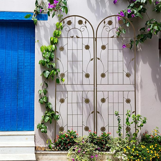 2 Pack Metal Garden Trellis for Climbing Plant Rose Stand, Brown Outdoor 71'' Tall Flower Support Iron Garden Fence (Brown 71''H