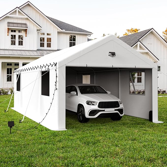 13x25 Carport Canopy, Heavy Duty Car Port, Portable Car Ports Garage with 2 Roll-Up Zipper Drive Through Doors, White