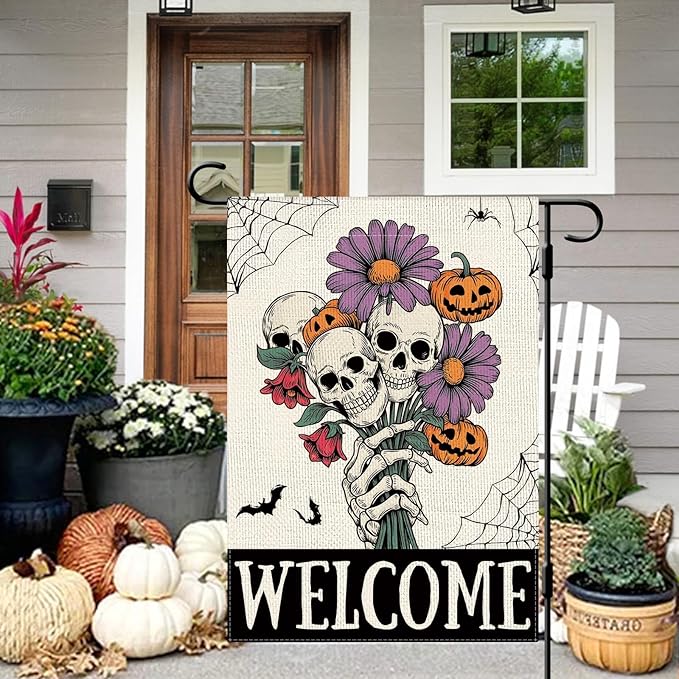 DLZDN Welcome Halloween Skull Garden Flag Skeleton Gothic Spooky Flag 12×18 Inch Double Side Vertical Burlap Farmhouse Yard Sign Holiday Seasonal Outdoor House Decoration