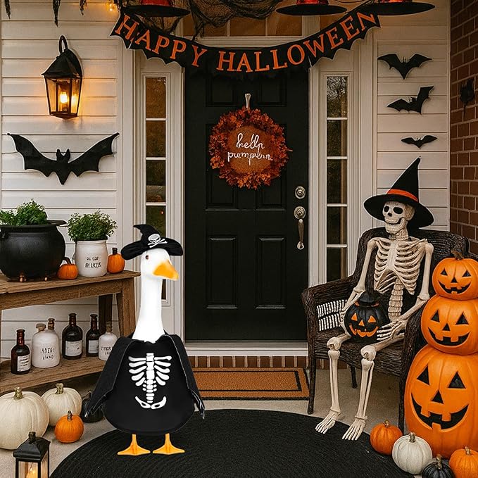 Halloween Bat Porch Goose Outfits 23inch Plastic Cement Skeleton Goose Statue Costume, Fall Lawn Geese Sculpture Clothes for Garden Yard Patio Party Decoration